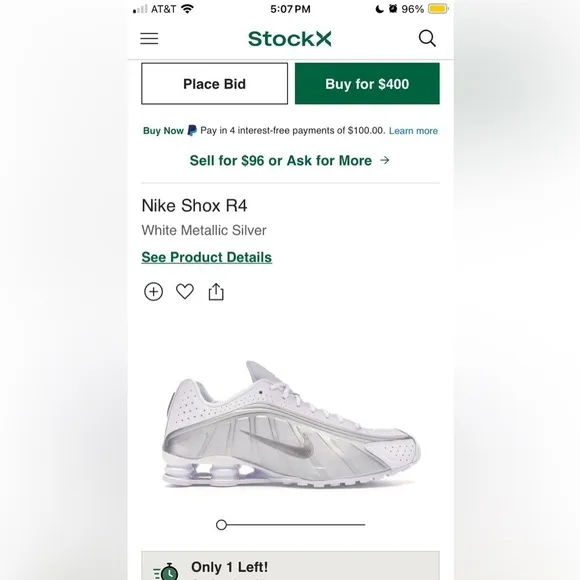 RARE Nike Men’s Shox R4 White Metallic Silver Shoes Size 9