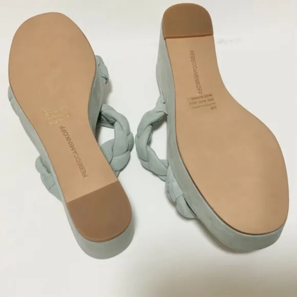 REBECCA MINKOFF Imani Platform Heel Sandals Light teal Blue Green Suede Mules 6