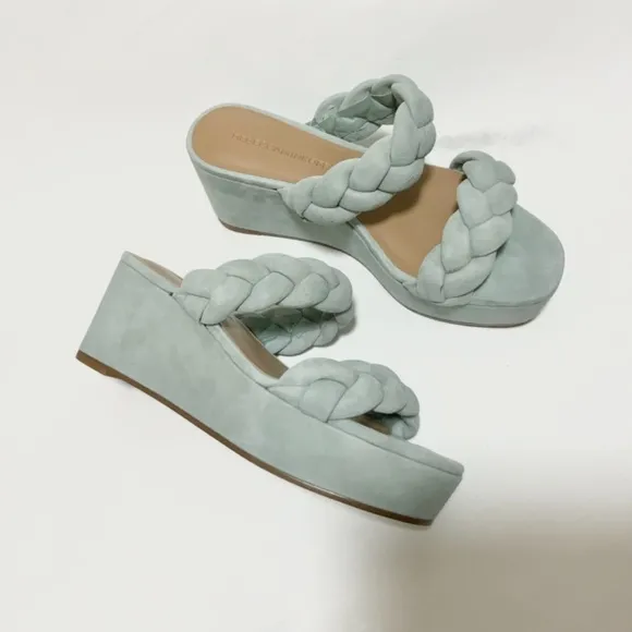 REBECCA MINKOFF Imani Platform Heel Sandals Light teal Blue Green Suede Mules 6