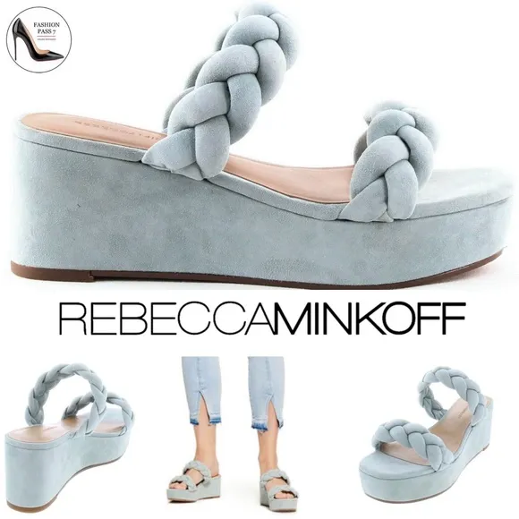 REBECCA MINKOFF Imani Platform Heel Sandals Light teal Blue Green Suede Mules 6