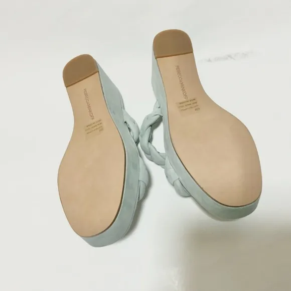REBECCA MINKOFF Imani Platform Heel Sandals Light teal Blue Green Suede Mules 6