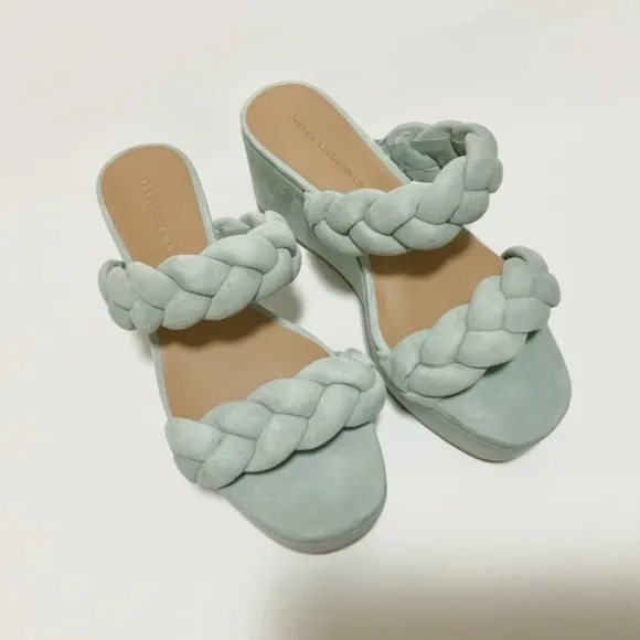 REBECCA MINKOFF Imani Platform Heel Sandals Light teal Blue Green Suede Mules 6