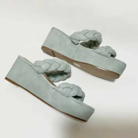 REBECCA MINKOFF Imani Platform Heel Sandals Light teal Blue Green Suede Mules 6