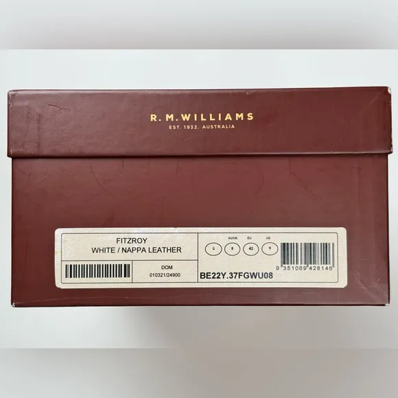 R.M. Williams Men's Fitzroy White/Nappa Leather Lace Up Shoes. NWT. Size- 9