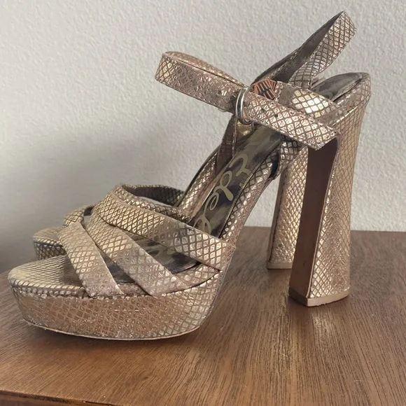 Sam Edelman Taryn Gold Sparkly Strappy Sandal Heels, Women’s 8.5 M, A9960L1900