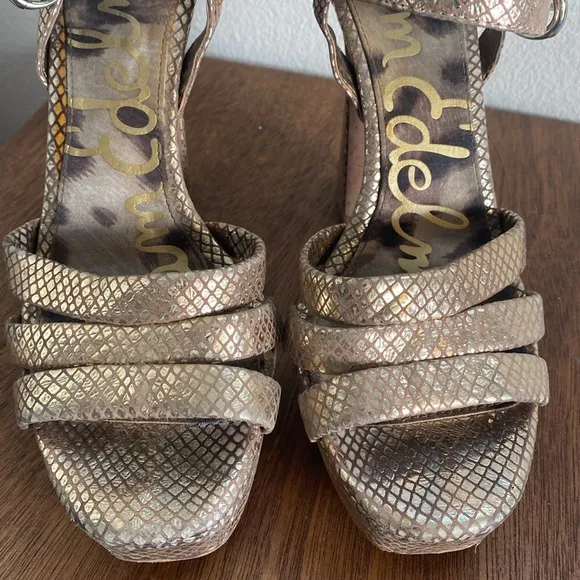 Sam Edelman Taryn Gold Sparkly Strappy Sandal Heels, Women’s 8.5 M, A9960L1900