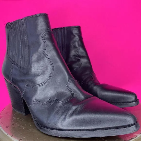 Sam Edelman Winona Black Leather Western Stitch Heeled Chelsea Boot Sz 8.5