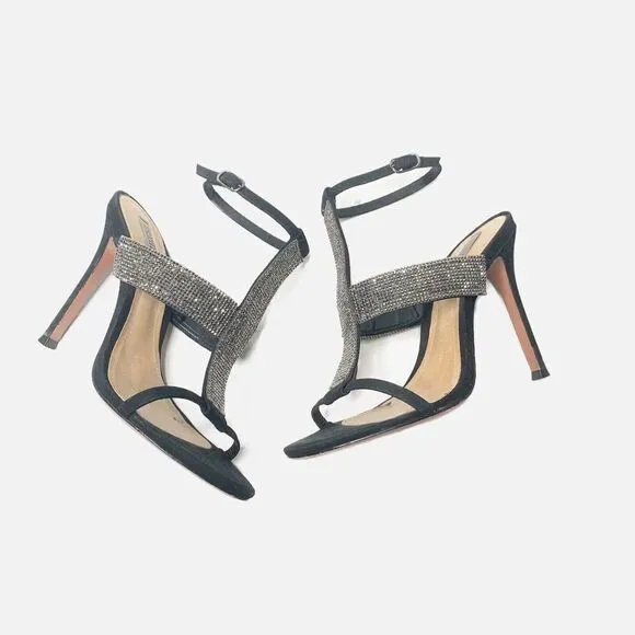 Schutz Shoes Women’s Black Suede Heeled Sandals Crystal Straps Size 6B 37 Eur