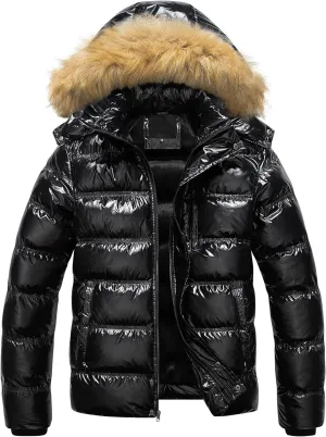Shiny Black Men's Puffer Jacket Hooded Fur
