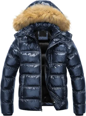 Shiny Blue Men's Puffer Jacket Hooded Fur