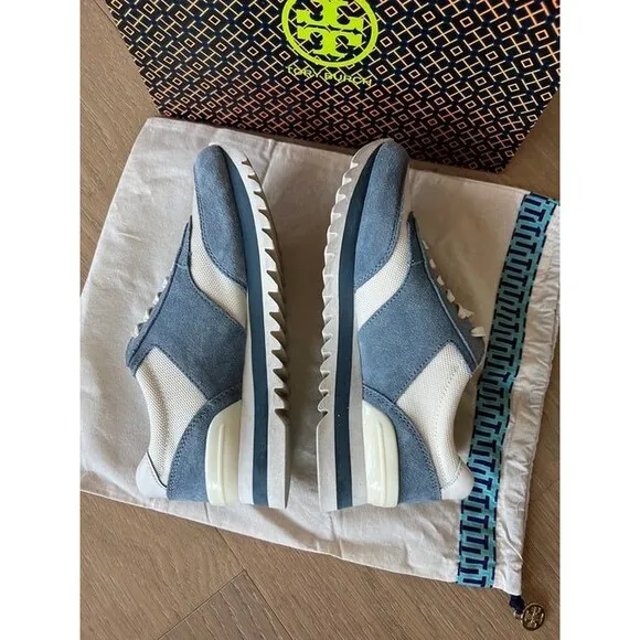 Tory Burch Sawtooth Logo Ivory Blue Low Top Sneaker Trainer Shoes 7.5