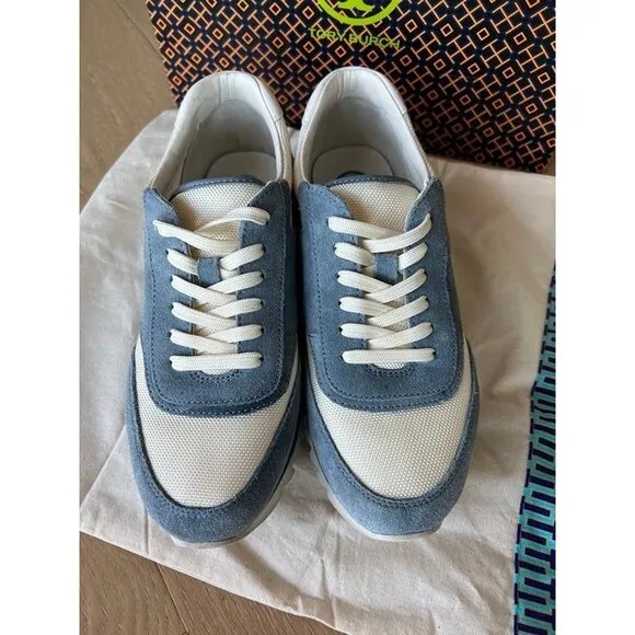 Tory Burch Sawtooth Logo Ivory Blue Low Top Sneaker Trainer Shoes 7.5