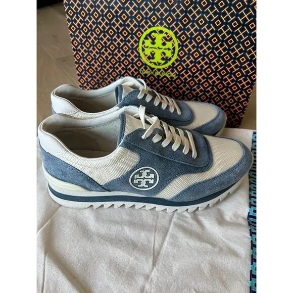 Tory Burch Sawtooth Logo Ivory Blue Low Top Sneaker Trainer Shoes 7.5