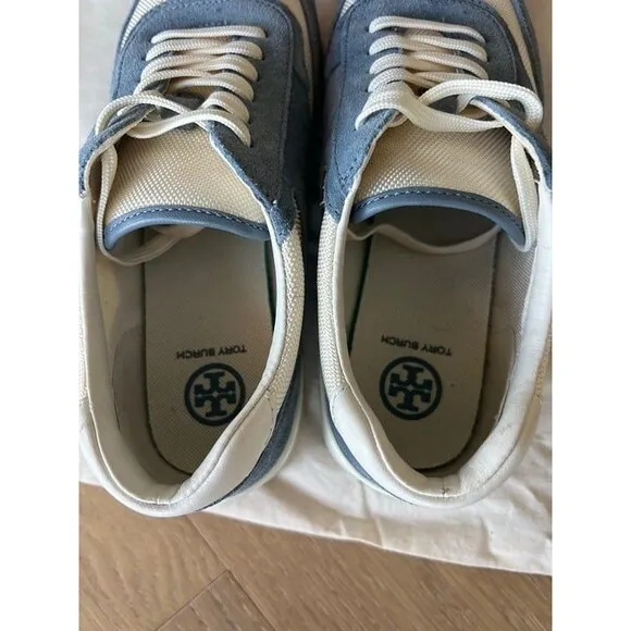 Tory Burch Sawtooth Logo Ivory Blue Low Top Sneaker Trainer Shoes 7.5