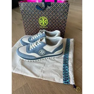 Tory Burch Sawtooth Logo Ivory Blue Low Top Sneaker Trainer Shoes 7.5