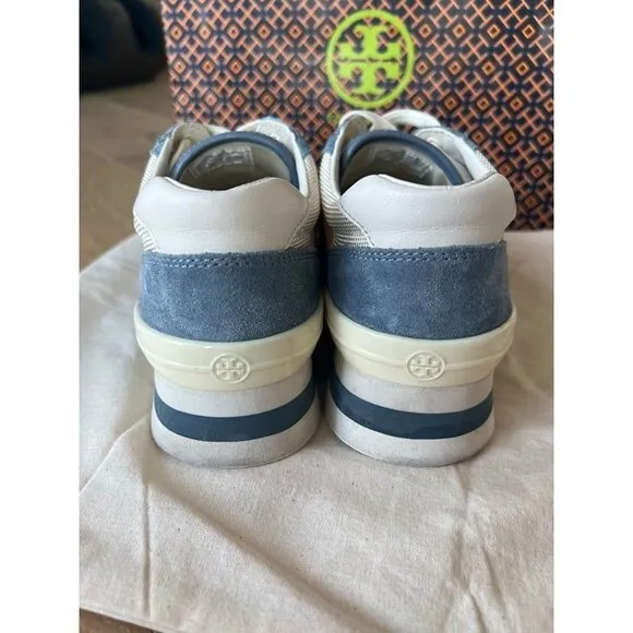 Tory Burch Sawtooth Logo Ivory Blue Low Top Sneaker Trainer Shoes 7.5