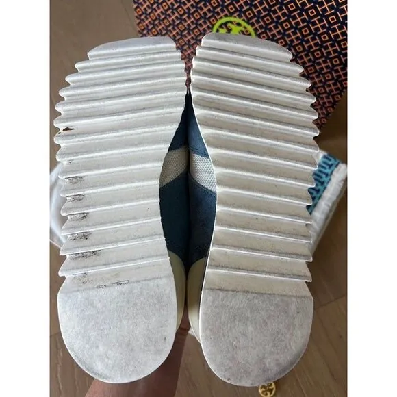 Tory Burch Sawtooth Logo Ivory Blue Low Top Sneaker Trainer Shoes 7.5