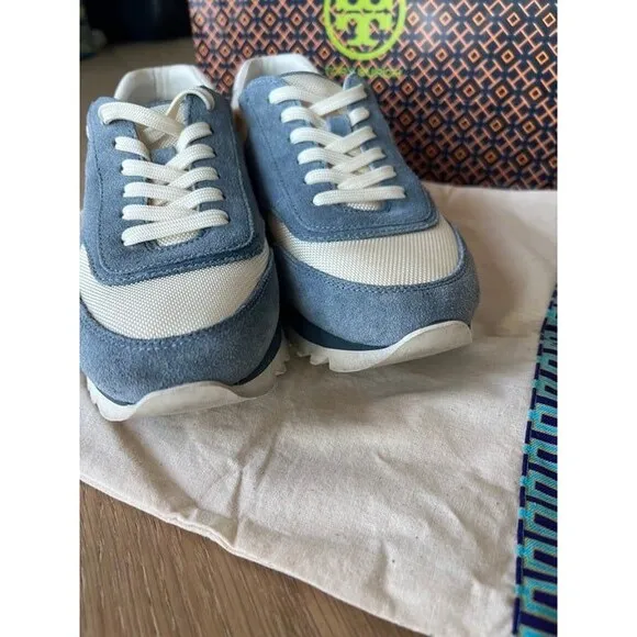 Tory Burch Sawtooth Logo Ivory Blue Low Top Sneaker Trainer Shoes 7.5