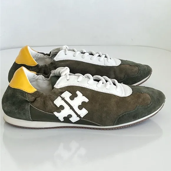 Tory Burch Suede Retro Green Suede Double Logo Low Top Sneakers Run Small Read