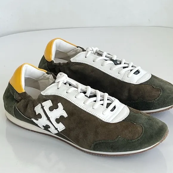Tory Burch Suede Retro Green Suede Double Logo Low Top Sneakers Run Small Read