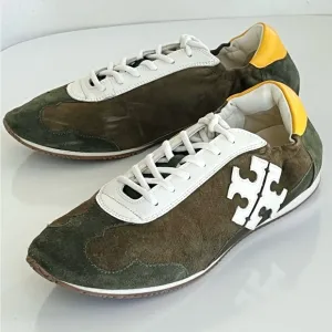 Tory Burch Suede Retro Green Suede Double Logo Low Top Sneakers Run Small Read