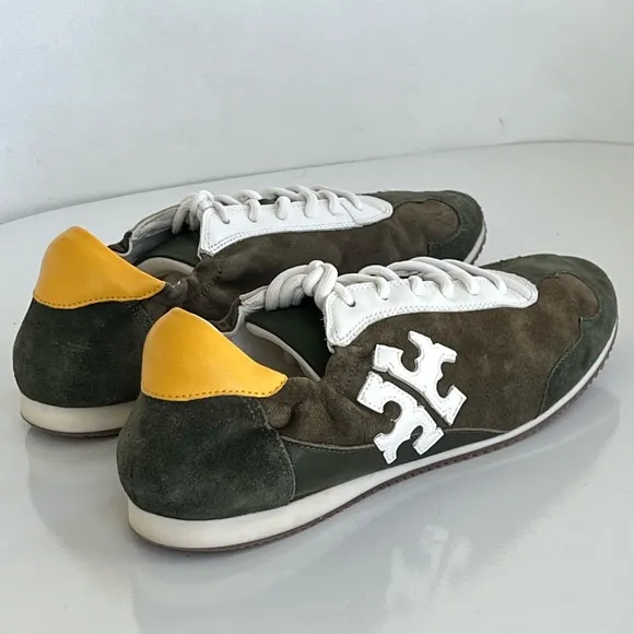 Tory Burch Suede Retro Green Suede Double Logo Low Top Sneakers Run Small Read