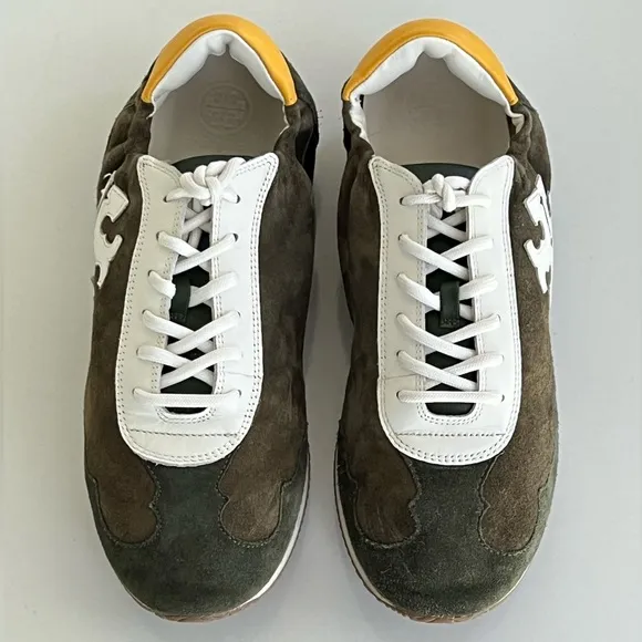 Tory Burch Suede Retro Green Suede Double Logo Low Top Sneakers Run Small Read