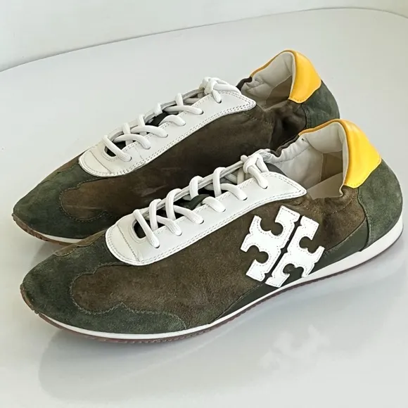 Tory Burch Suede Retro Green Suede Double Logo Low Top Sneakers Run Small Read