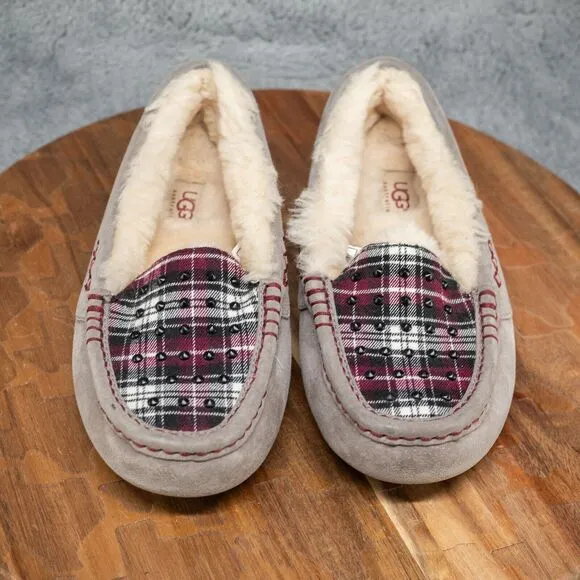UGG Women’s Ansley Slipper Moc Scuff 1007421 Gray Suede Plaid Black Studs Size 7
