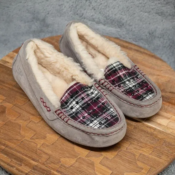 UGG Women’s Ansley Slipper Moc Scuff 1007421 Gray Suede Plaid Black Studs Size 7