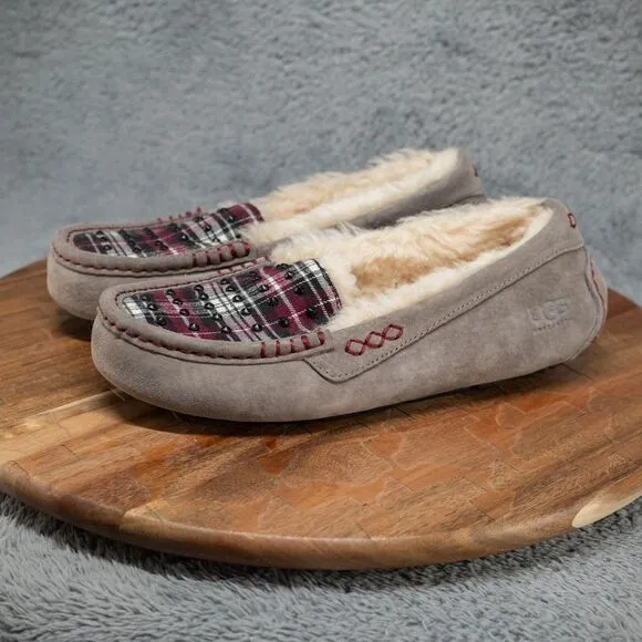 UGG Women’s Ansley Slipper Moc Scuff 1007421 Gray Suede Plaid Black Studs Size 7