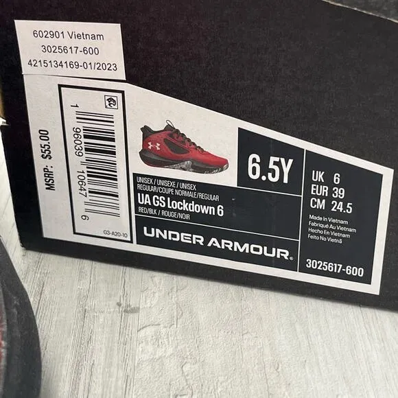 Under Armour Unisex UA GS Lockdown 6 Red Black Lace Up Youth Shoes 6.5