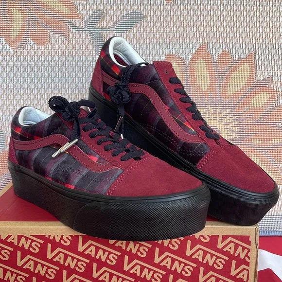 Vans Old Skool Stacked Velvet Plaid Port/BlackVNOA7Q5M02YWMNS Platforms