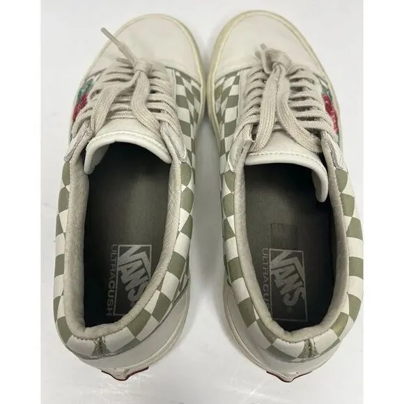 Vans Old Skool White Leather DX Rose Embroidery Checkered Size M 10.5/W 12