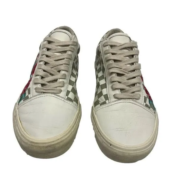 Vans Old Skool White Leather DX Rose Embroidery Checkered Size M 10.5/W 12