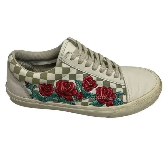 Vans Old Skool White Leather DX Rose Embroidery Checkered Size M 10.5/W 12