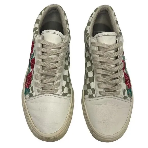 Vans Old Skool White Leather DX Rose Embroidery Checkered Size M 10.5/W 12
