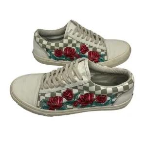 Vans Old Skool White Leather DX Rose Embroidery Checkered Size M 10.5/W 12