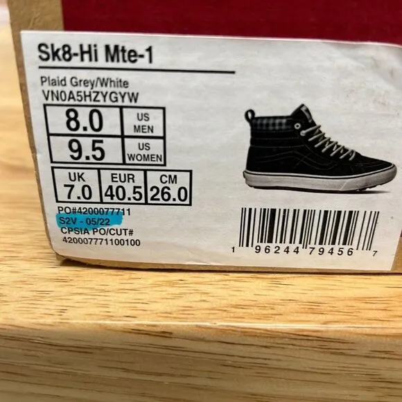 Vans Unisex Sk8 Hi Gray White Plaid Lace Up Sneakers VN0A5H2YGYW Sz M 8 W 9.5