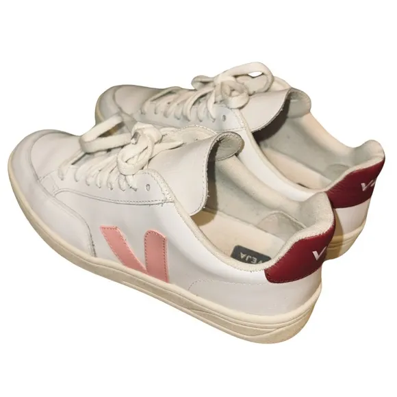 Veja Leather V-12 Lace-Up Sneakers in White with Pink Accents Size 37 Wo…