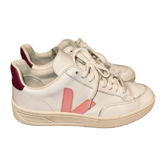 Veja Leather V-12 Lace-Up Sneakers in White with Pink Accents Size 37 Wo…