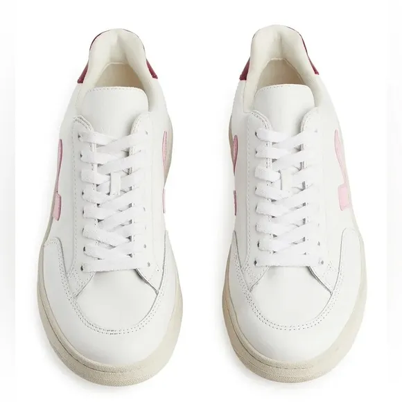 Veja Leather V-12 Lace-Up Sneakers in White with Pink Accents Size 37 Wo…