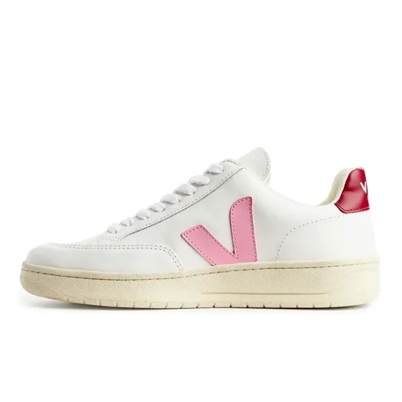 Veja Leather V-12 Lace-Up Sneakers in White with Pink Accents Size 37 Wo…
