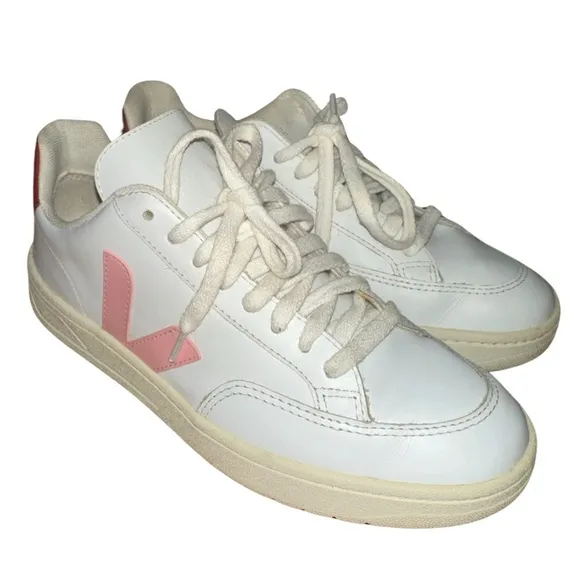 Veja Leather V-12 Lace-Up Sneakers in White with Pink Accents Size 37 Wo…