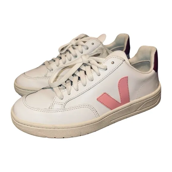 Veja Leather V-12 Lace-Up Sneakers in White with Pink Accents Size 37 Wo…