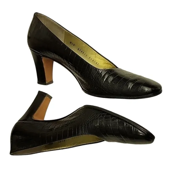 Vintage Bruno Magli Croc Embossed Leather Pumps 10 Classic Heels Bologna Italy