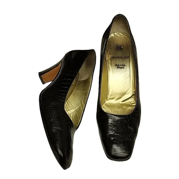 Vintage Bruno Magli Croc Embossed Leather Pumps 10 Classic Heels Bologna Italy