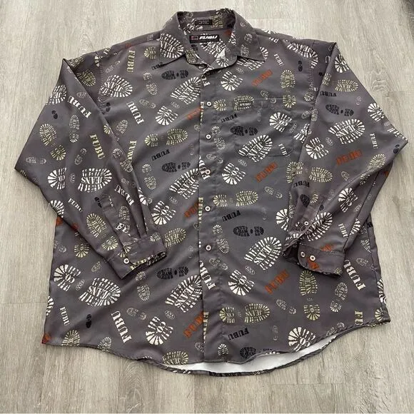 Vintage Fubu Jeans Collection Button Down Shirt Men’s Size XL Shoes Footprint