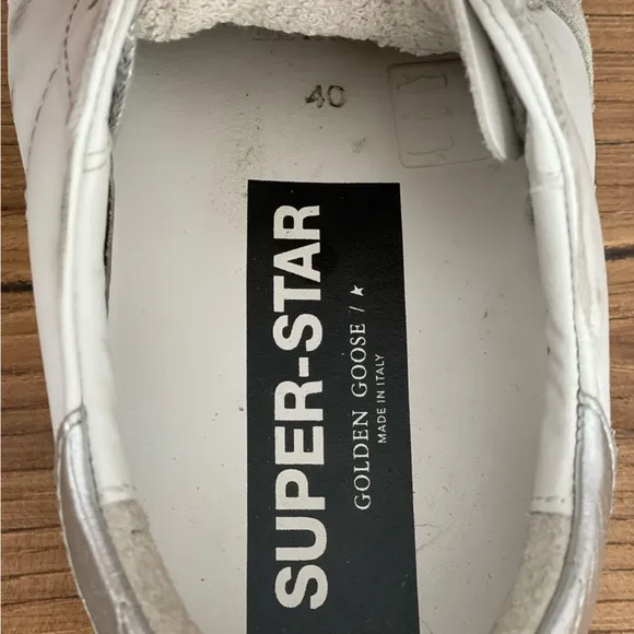 Women’s Golden Goose Super-Star with silver heel and metal stud lettering size40