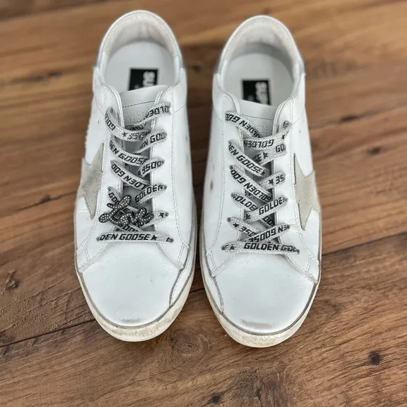 Women’s Golden Goose Super-Star with silver heel and metal stud lettering size40